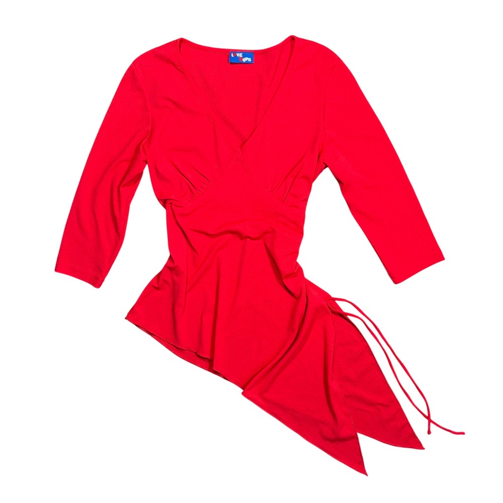 RARE Y2K Love Tops Red V-Neck Asymmetric Handkerchief Hem Side Tie Top
